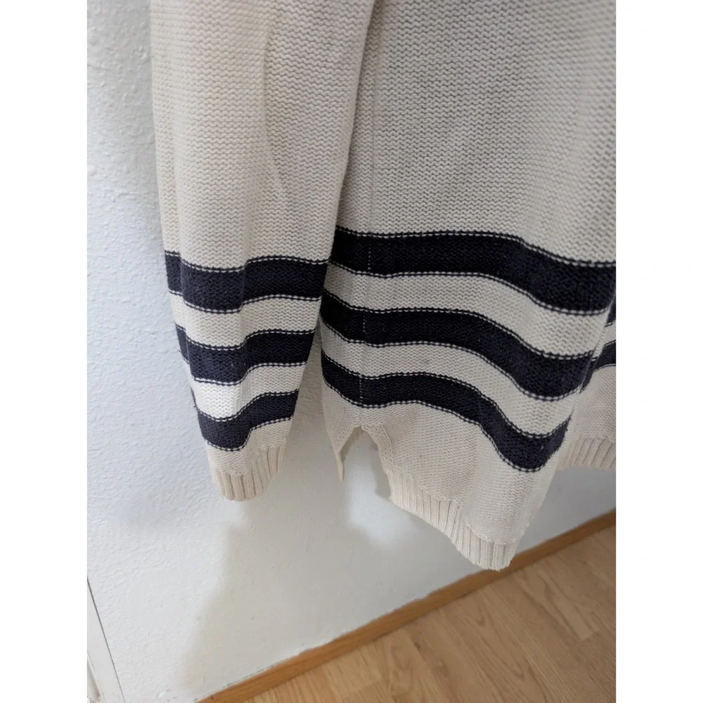 LOFT XS Nautical Stripe Sweater Cream Navy Cotton Button Shoulder Breton‎